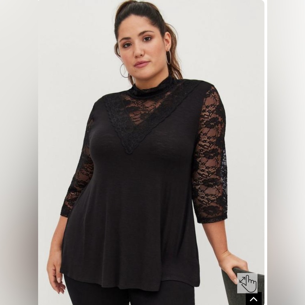 Sold out! TORRID Sexy High Black Neck Super Soft Swing Top w/ Lace Trim. Size 2.